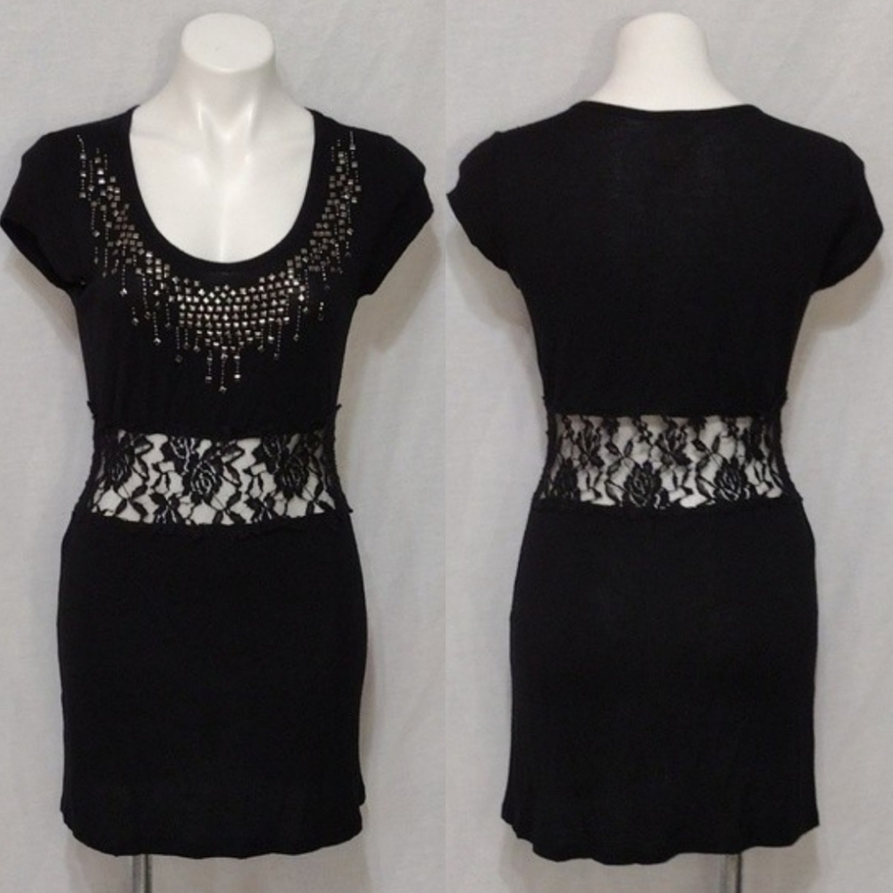 Vocal Gothic Studded Black Bodycon Mini Dress Small Sheer Lace Waist Edgy Chic